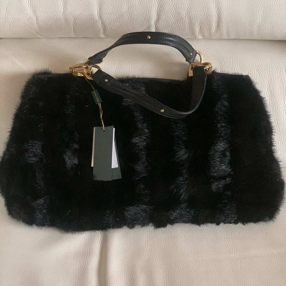 SOLD NWT PAOLO MASI Black MinkFur Leather Stunning Tote Handbag Classic timeles.